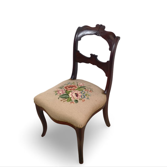  Vintage Chippendale Style Mahogany Side Chair with Floral Needlepoint Upholstered Seat