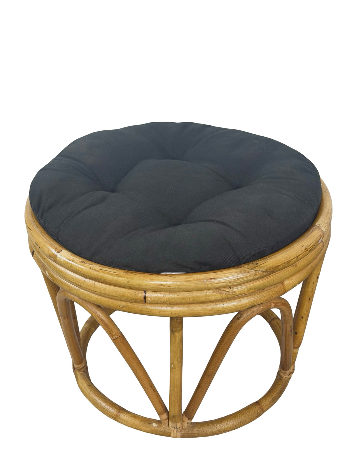 Pair of Vintage Rattan Bamboo Round Ottoman Footstools with Black Cushions, 1970s