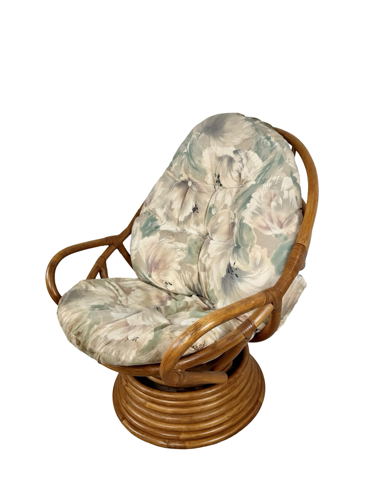 Vintage Rattan Swivel Rocker Lounge Chair with Floral Cushions