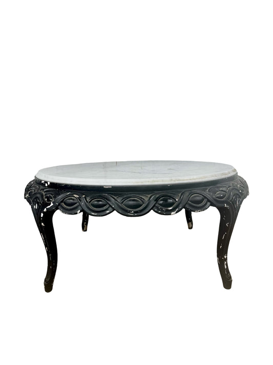 Vintage French-Style Round Marble Coffee Table with Black Decorative Base