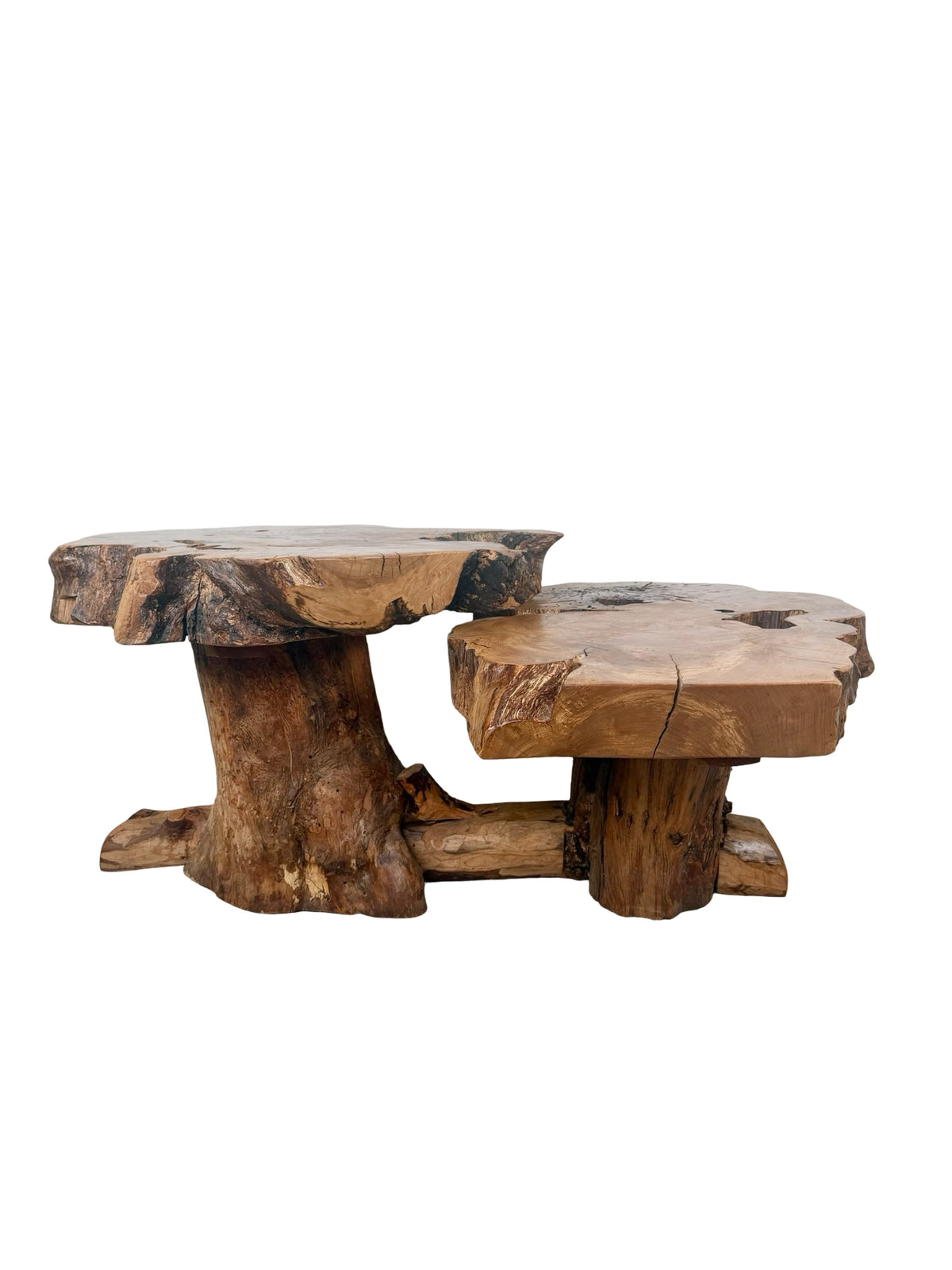 Vintage Two-Tier Live Edge Wood Coffee Table with Sculptural Trunk Base