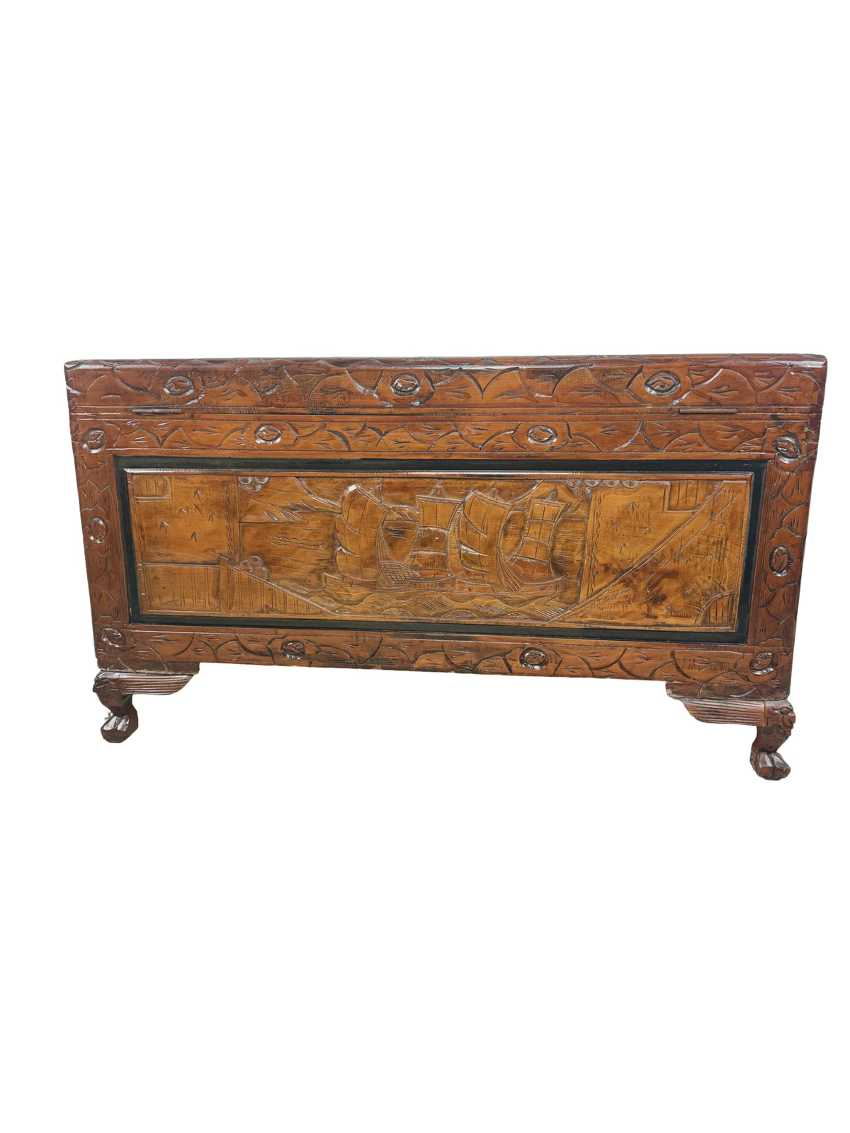 Vintage Asian Carved Wood Storage Chest with Figural Relief Carvings