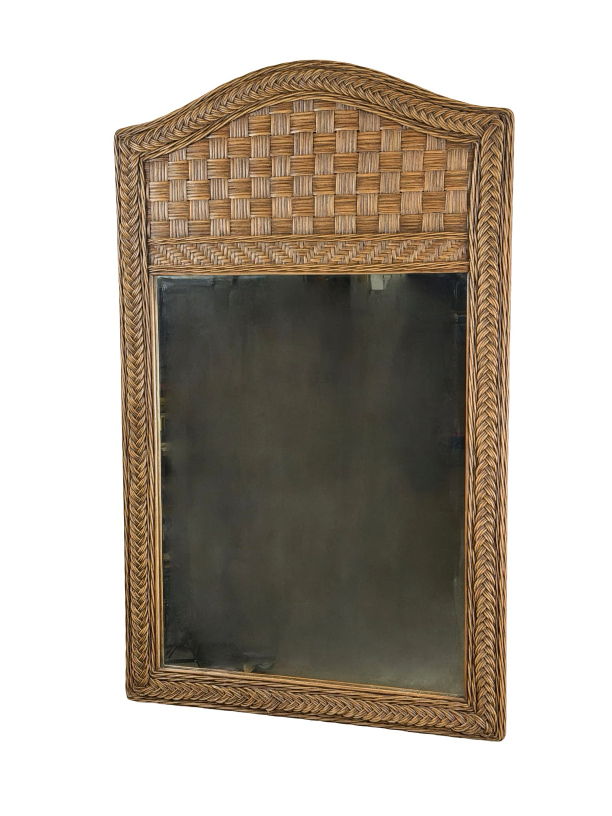 Vintage Arched Wicker Wall Mirror with Basket-Weave Panel and Braided Frame