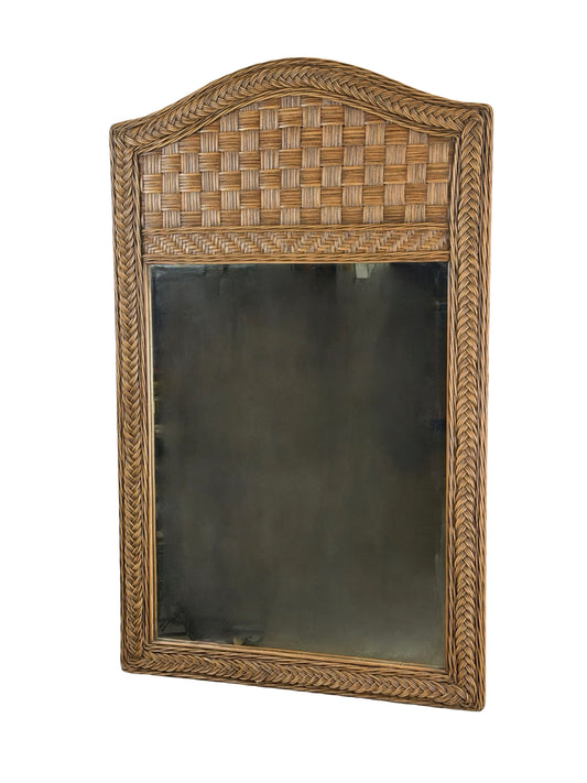 Vintage Arched Wicker Wall Mirror with Basket-Weave Panel and Braided Frame