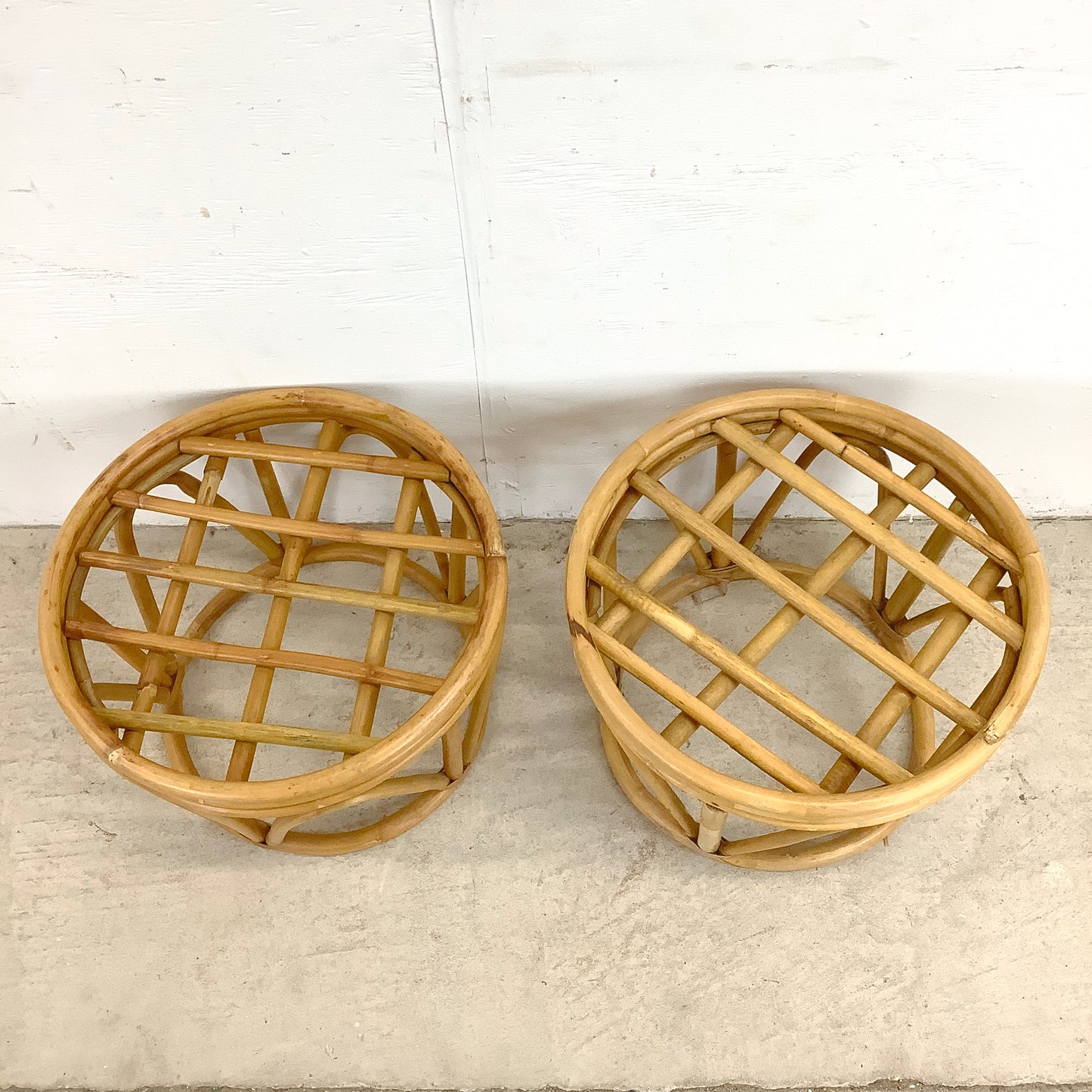 Pair Vintage Boho Rattan Footstools