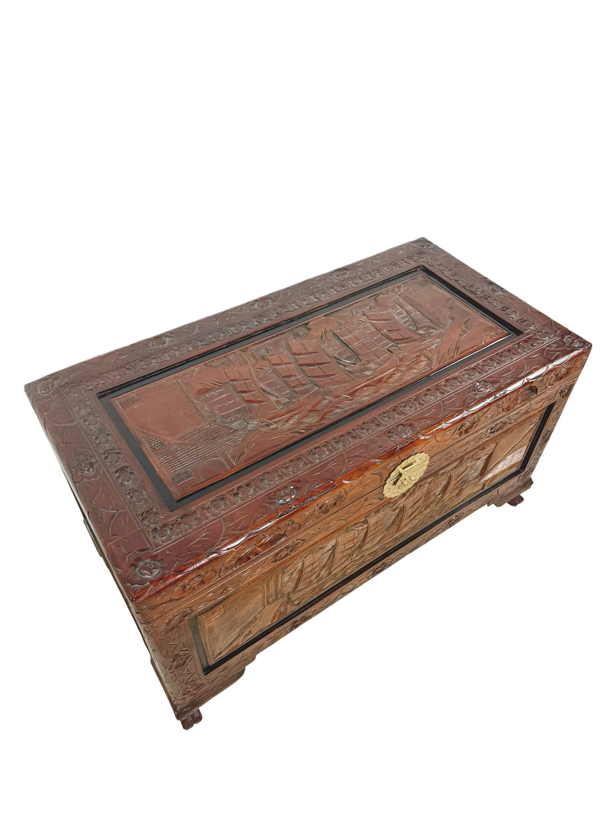 Vintage Asian Carved Wood Storage Chest with Figural Relief Carvings