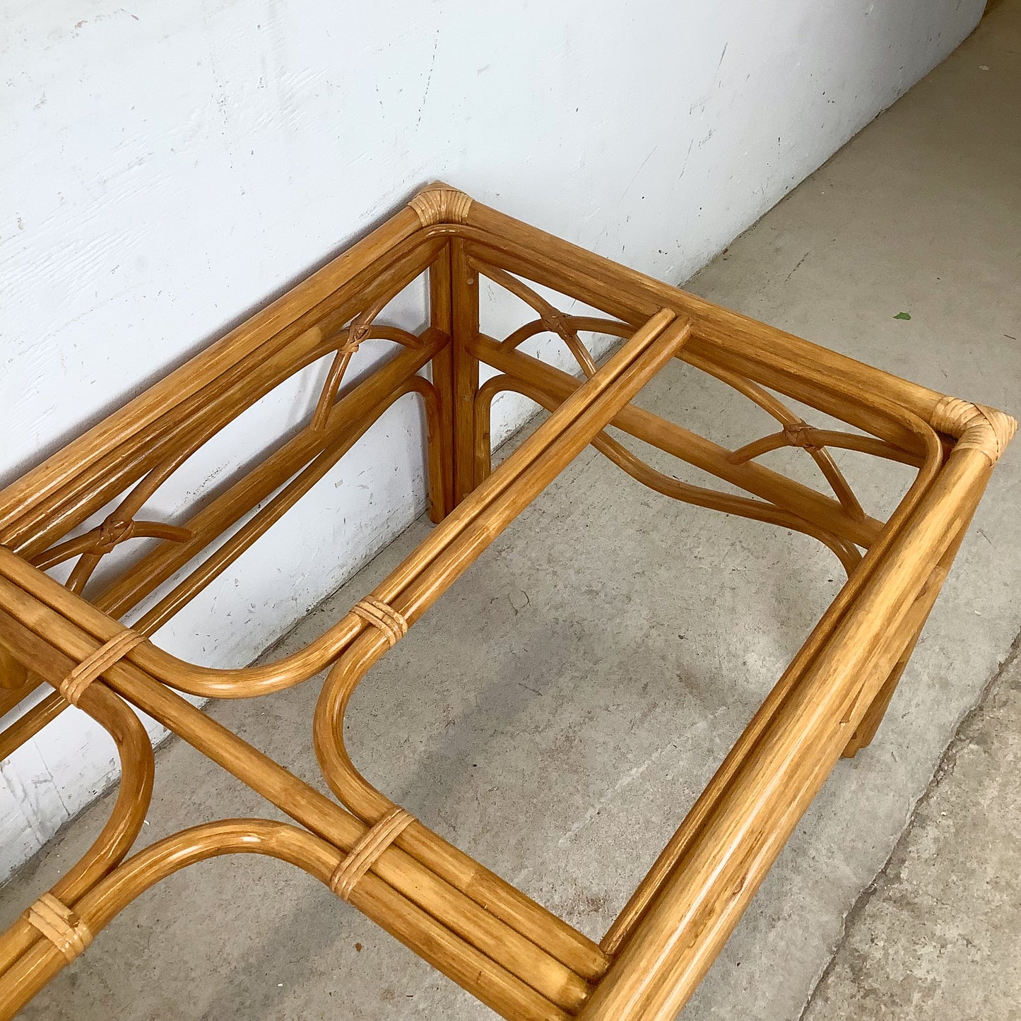 Vintage Rattan Cocktail Table, Cathedral Arch Apron with Glass Top