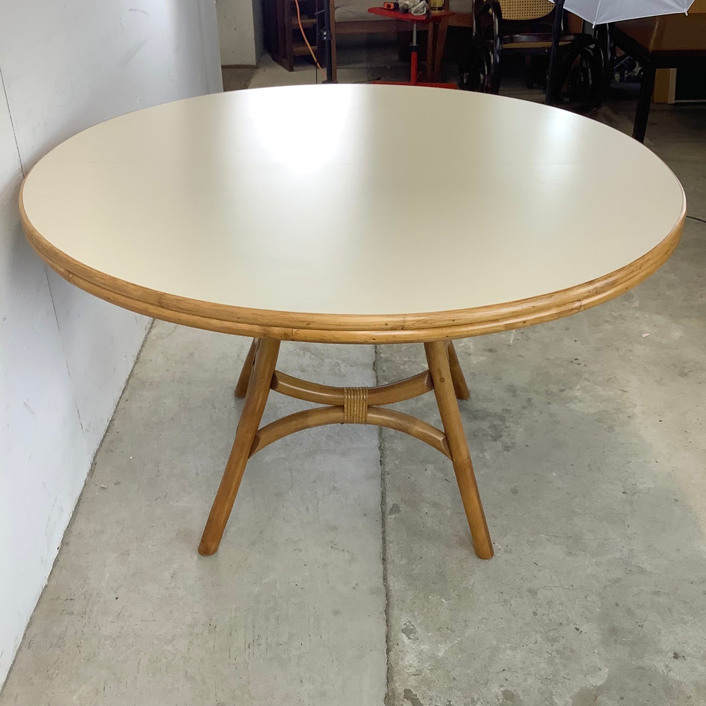 Vintage Round Bamboo Pedestal Dining Table With Leaf