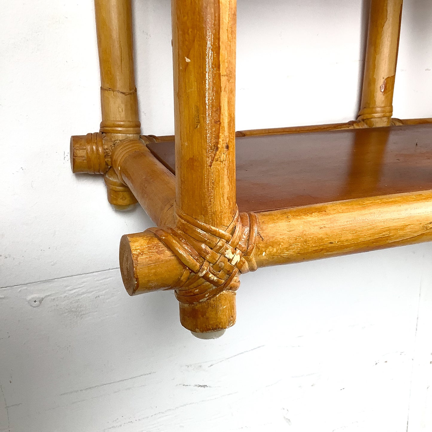 Vintage Bamboo & Rattan Stepped Hanging Wall Shelf | Paul Frankl Skyscraper Style | 1970s Boho Tropical