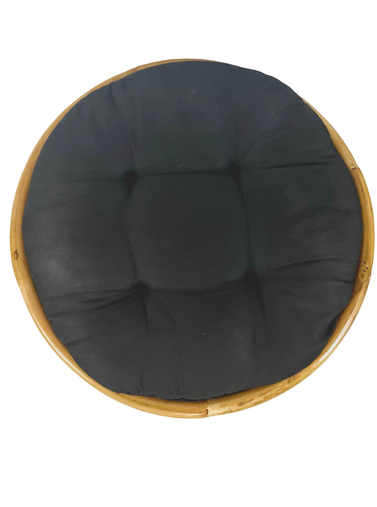 Pair of Vintage Rattan Bamboo Round Ottoman Footstools with Black Cushions, 1970s