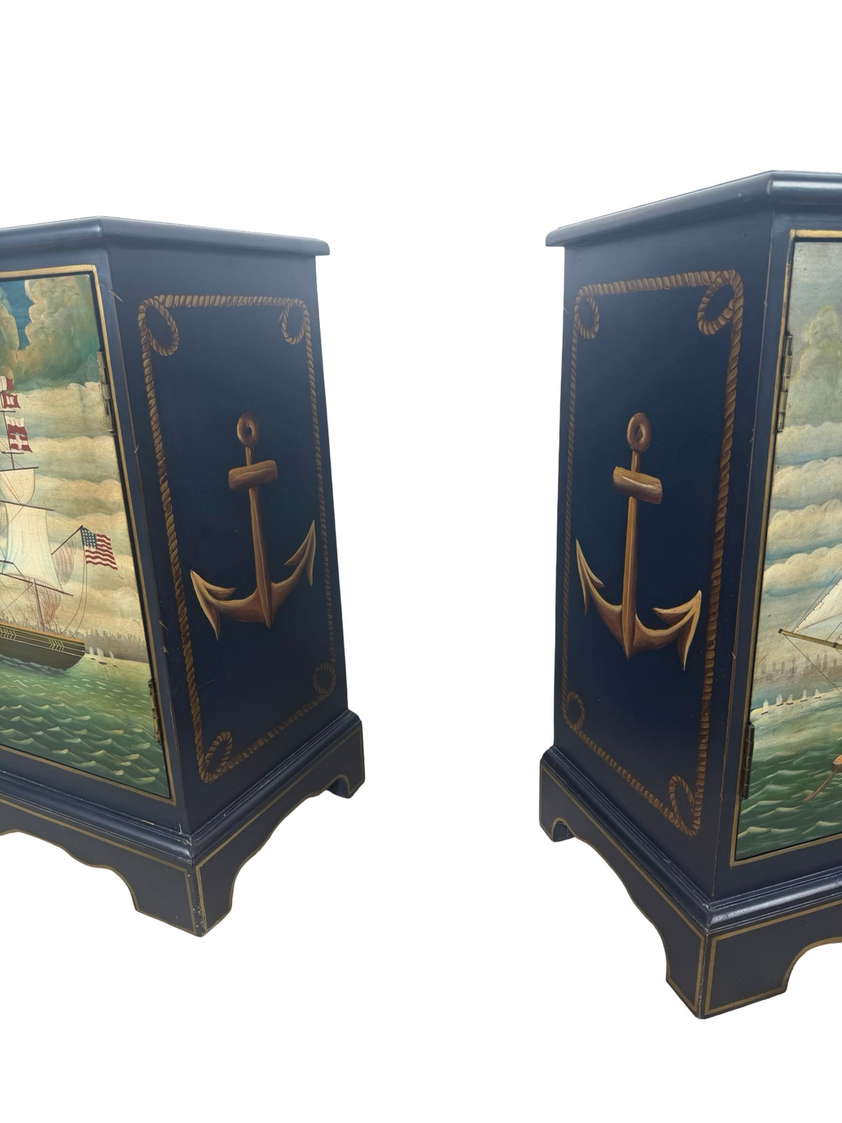 Pair of Hand-Painted Nautical Cabinets — Clipper Ship & Compass Rose Design