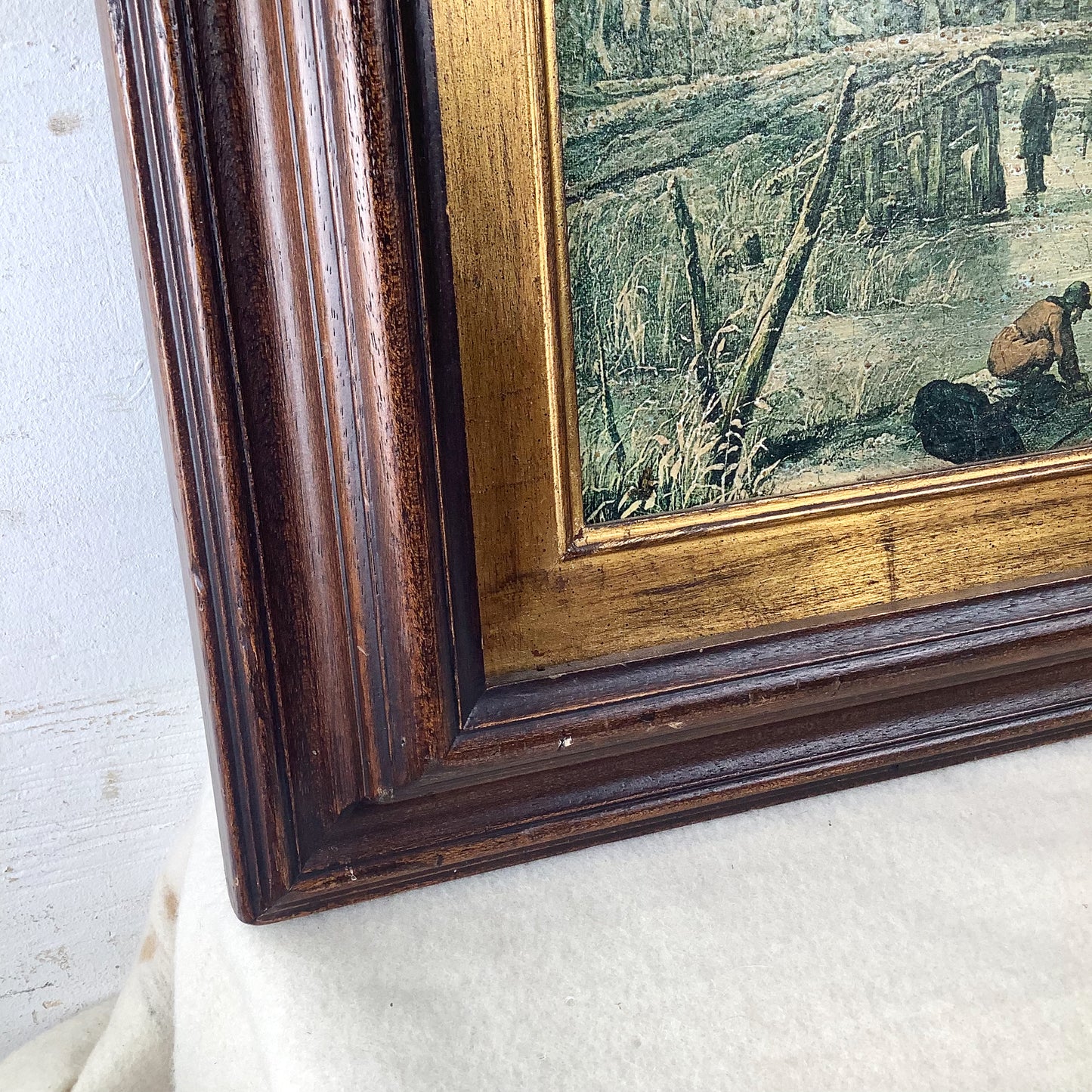 Antique Framed Winter Village Landscape, European Decorative Print