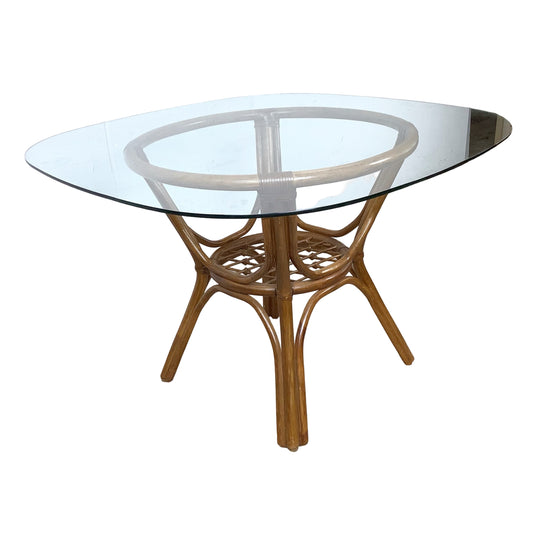 Vintage Rattan Dining Table | Sculptural Swept-Leg Base | Woven Lower Shelf | Oval Glass Top | c. 1970s–1980s