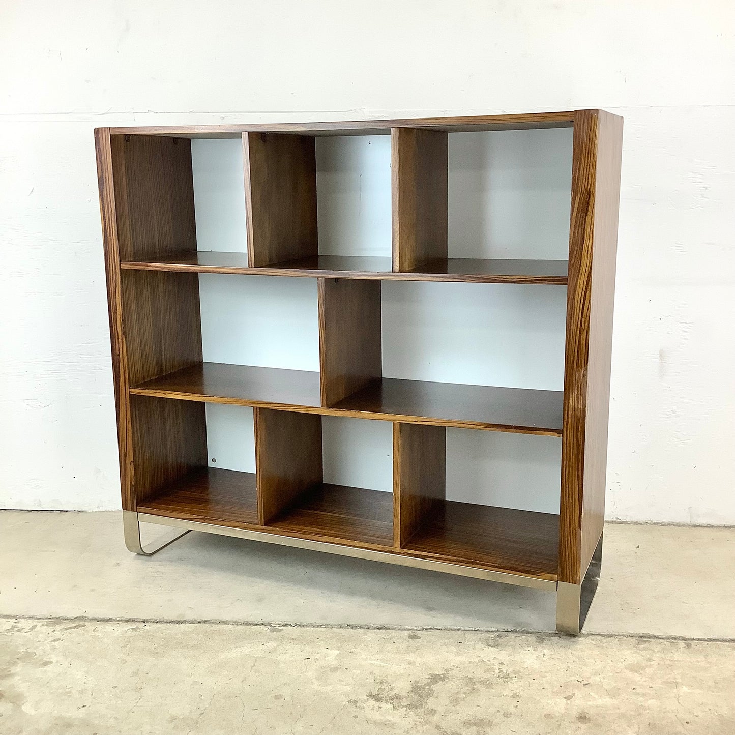 Modern Zebrawood Cube Shelf with Chrome Sled Base