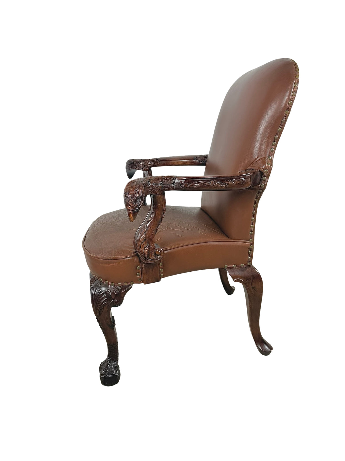 Vintage Maitland-Smith Carved Wood & Brown Leather Armchair