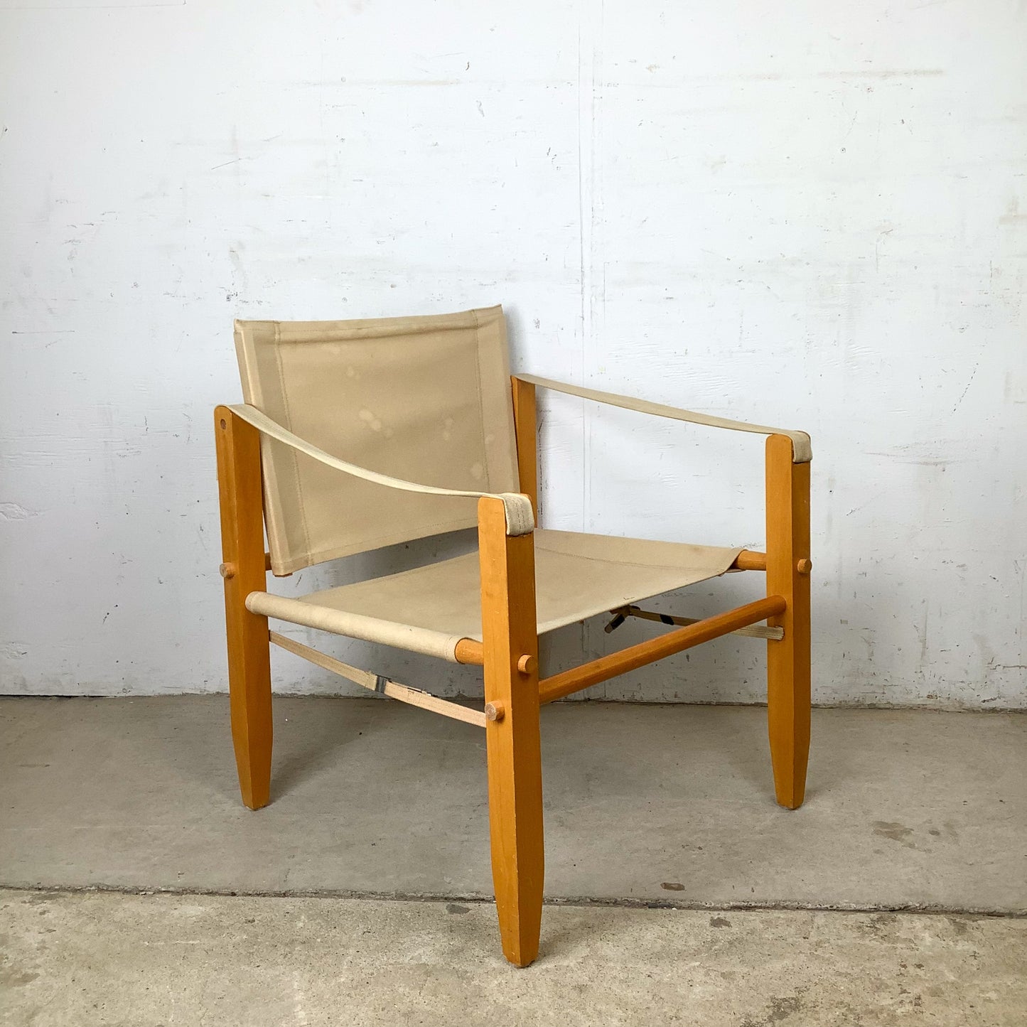 Vintage Scandinavian Style Safari Campaign Lounge Chair with Natural Canvas Sling