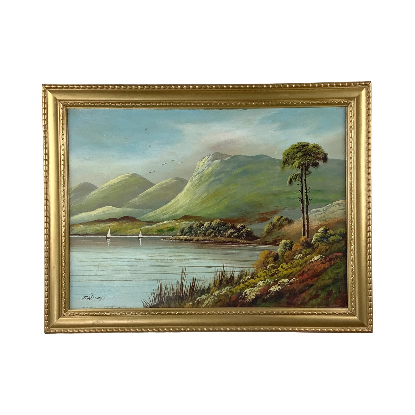 Antique Scottish Highland Loch Oil Painting | Signed J. Kellog | Original Gilt Frame