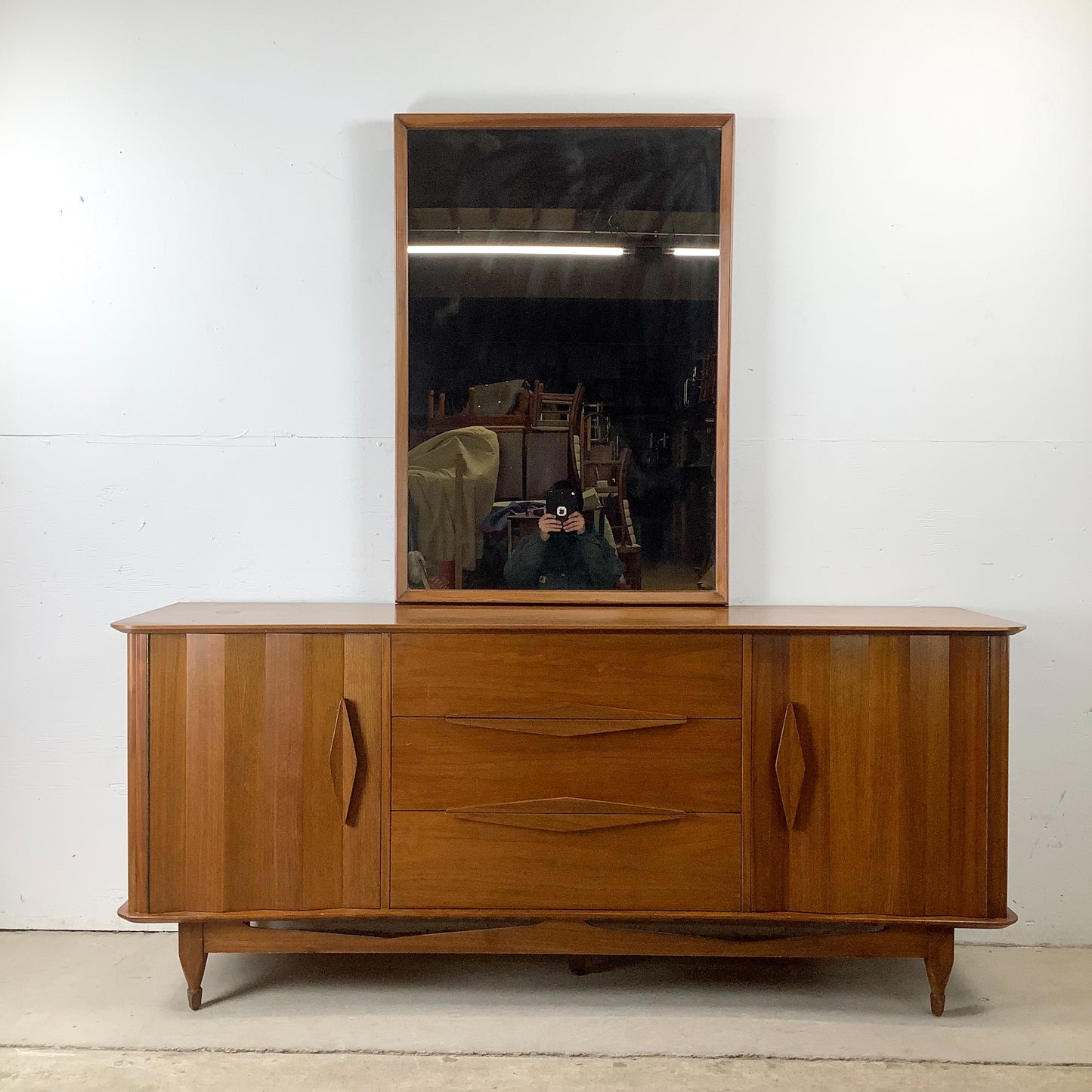 Mid-Century Modern Walnut Dresser and Mirror Set