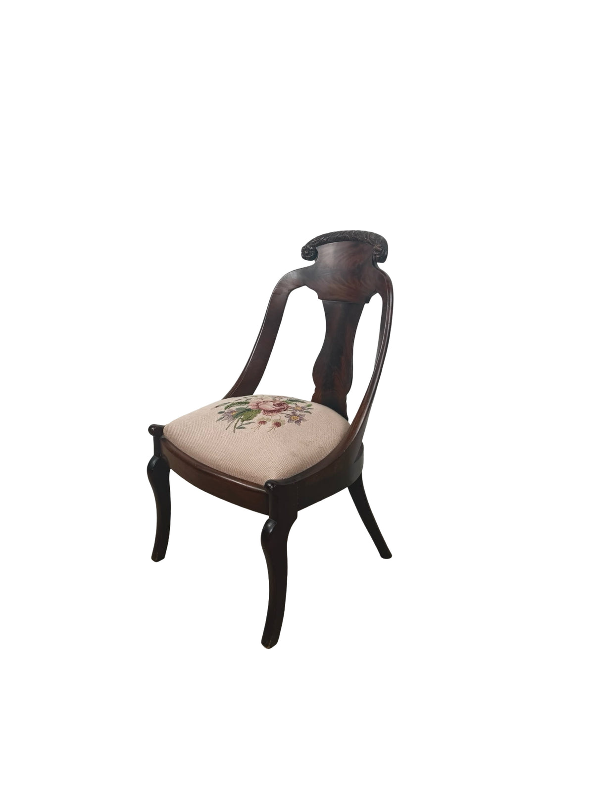 Antique Federal Style Carved Wood Side Chair with Floral Needlepoint Seat