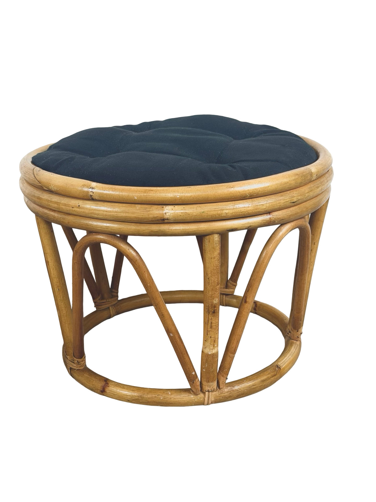 Pair of Vintage Rattan Bamboo Round Ottoman Footstools with Black Cushions, 1970s