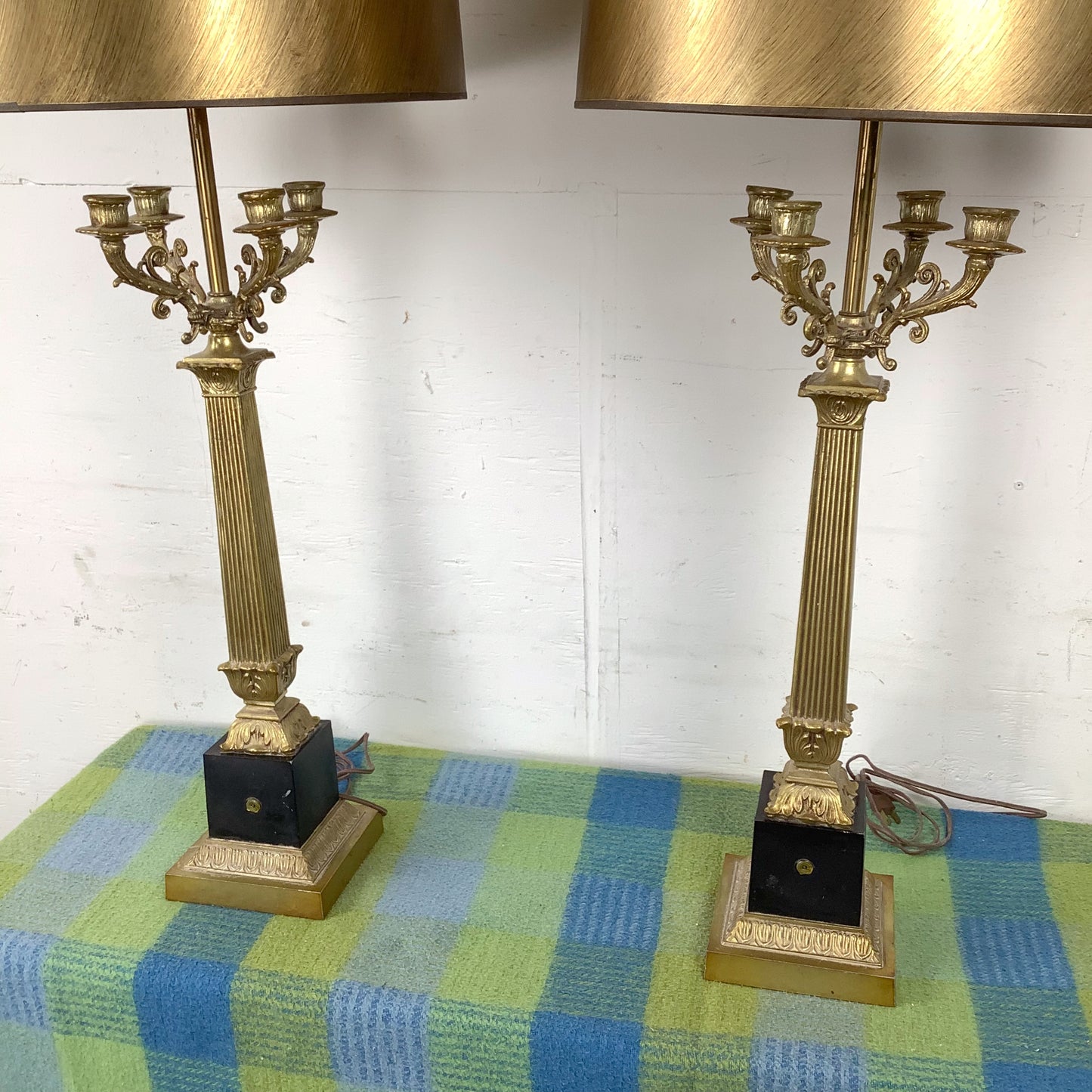 Pair of Neoclassical Brass Table Lamps with Fluted Columns and Ornate Candelabra Tops