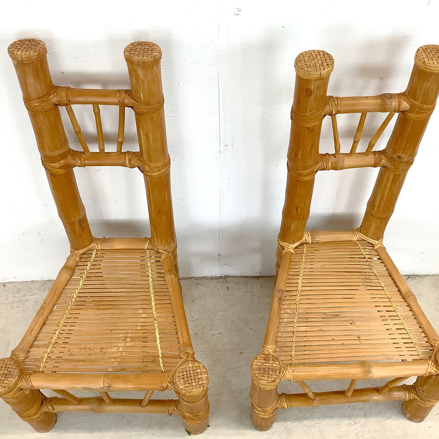 Pair Tall Boho Modern Bamboo Chairs