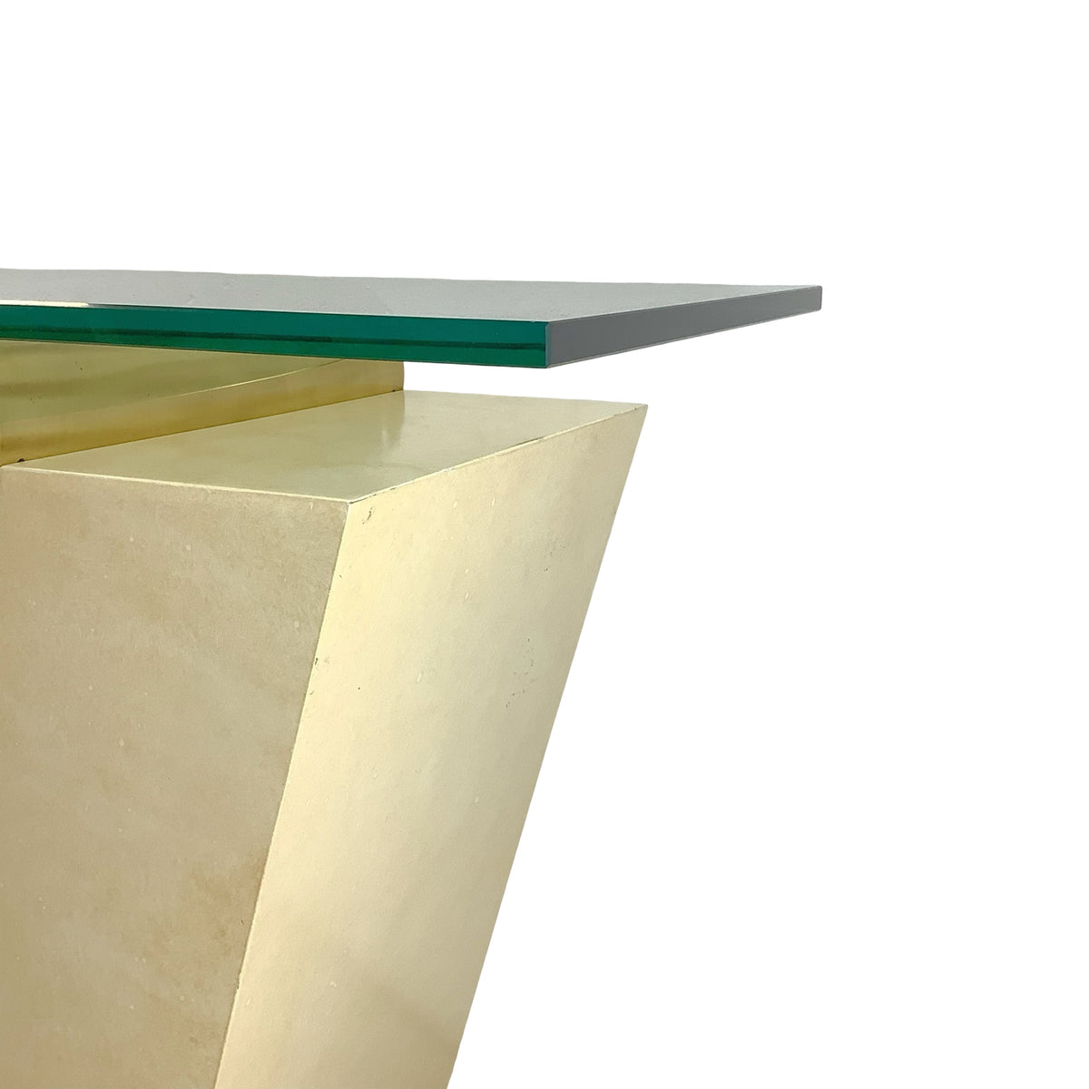 Vintage Modern Parchment-Style Console Table with Glass Top and Brass Accents