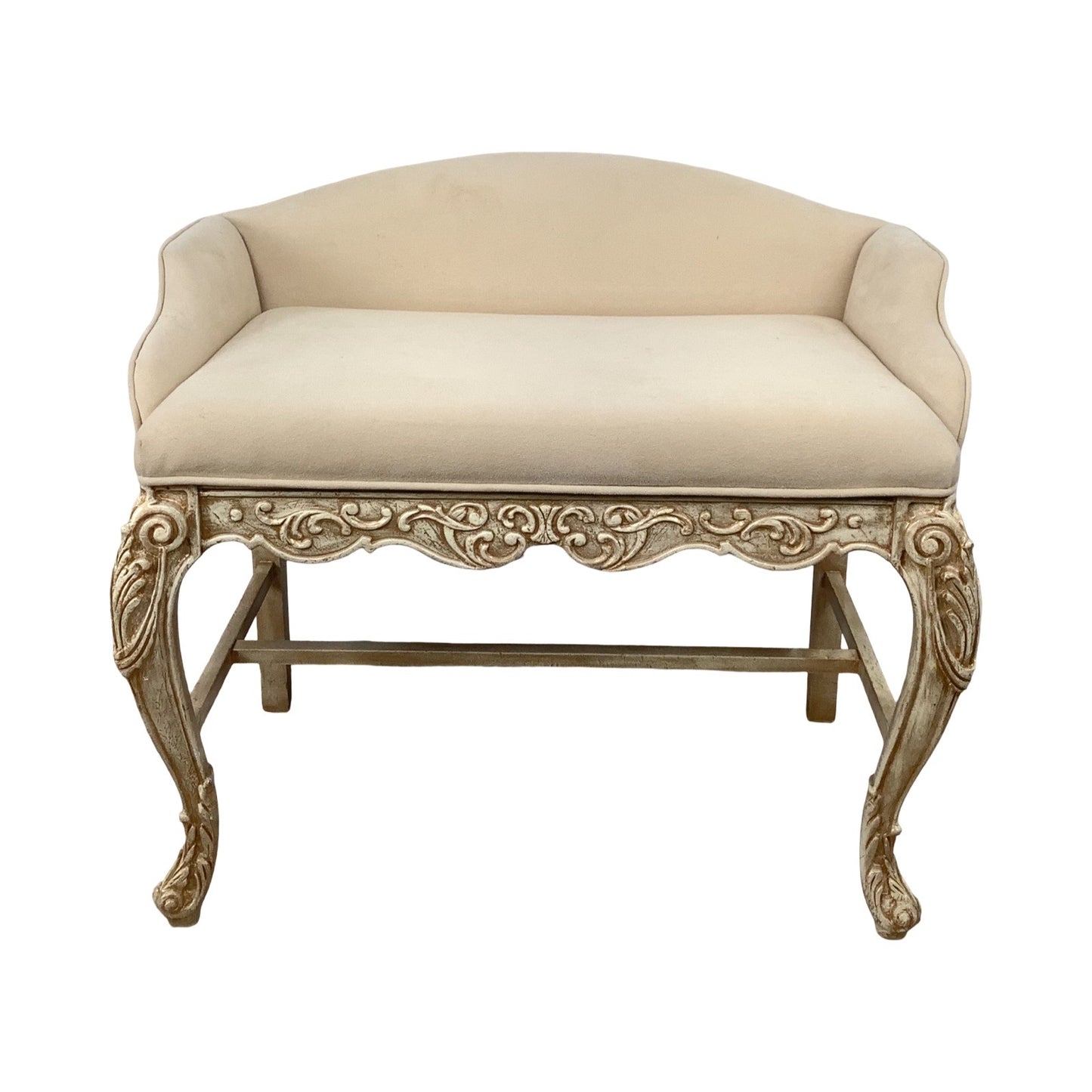 French-Inspired Decorator Bench with Carved Wood Frame