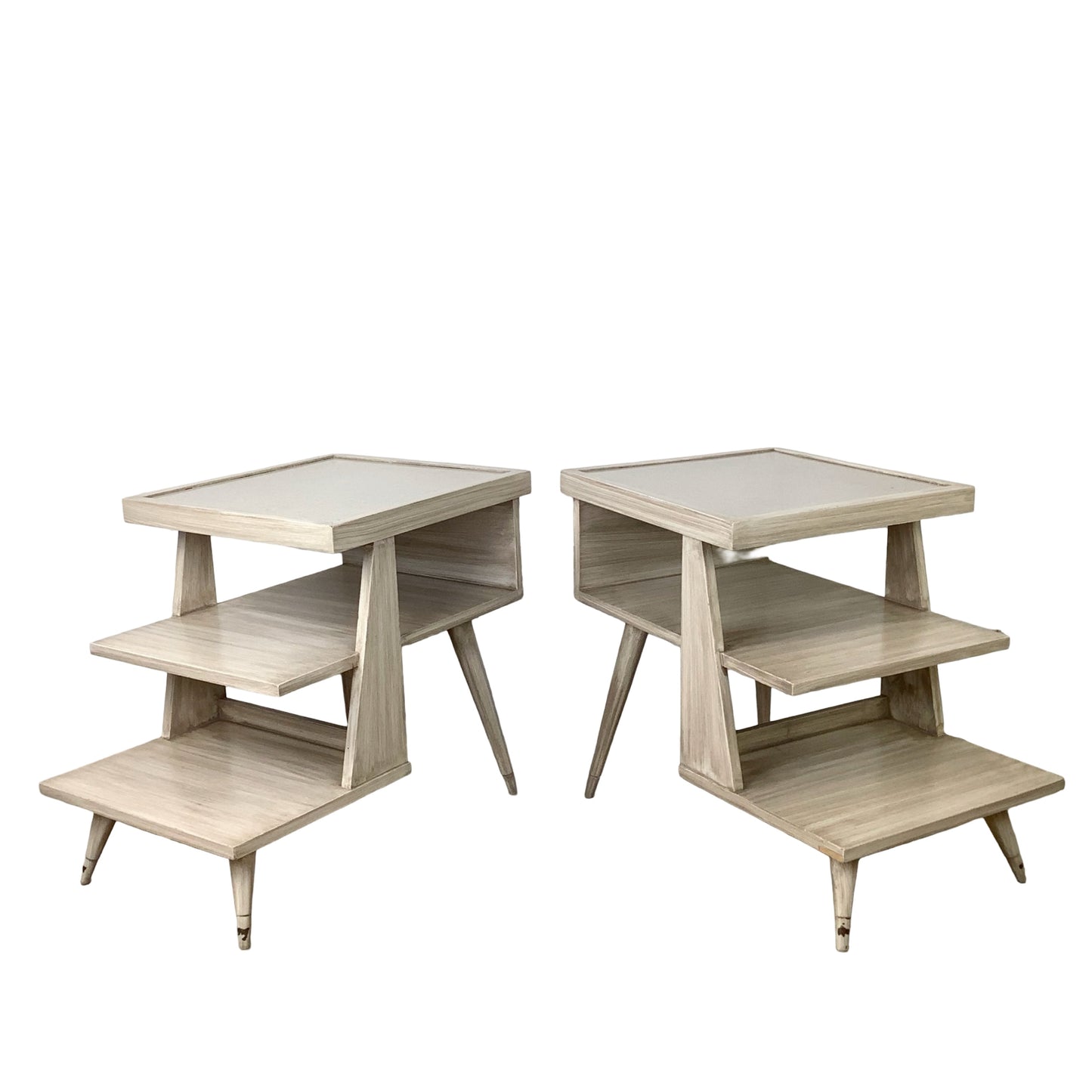 Pair of Vintage Three-Tier Step End Tables | Cerused Finish