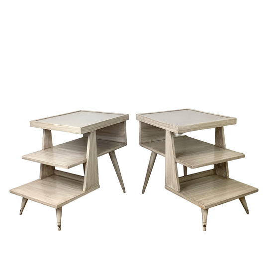 Pair of Vintage Three-Tier Step End Tables | Cerused Finish
