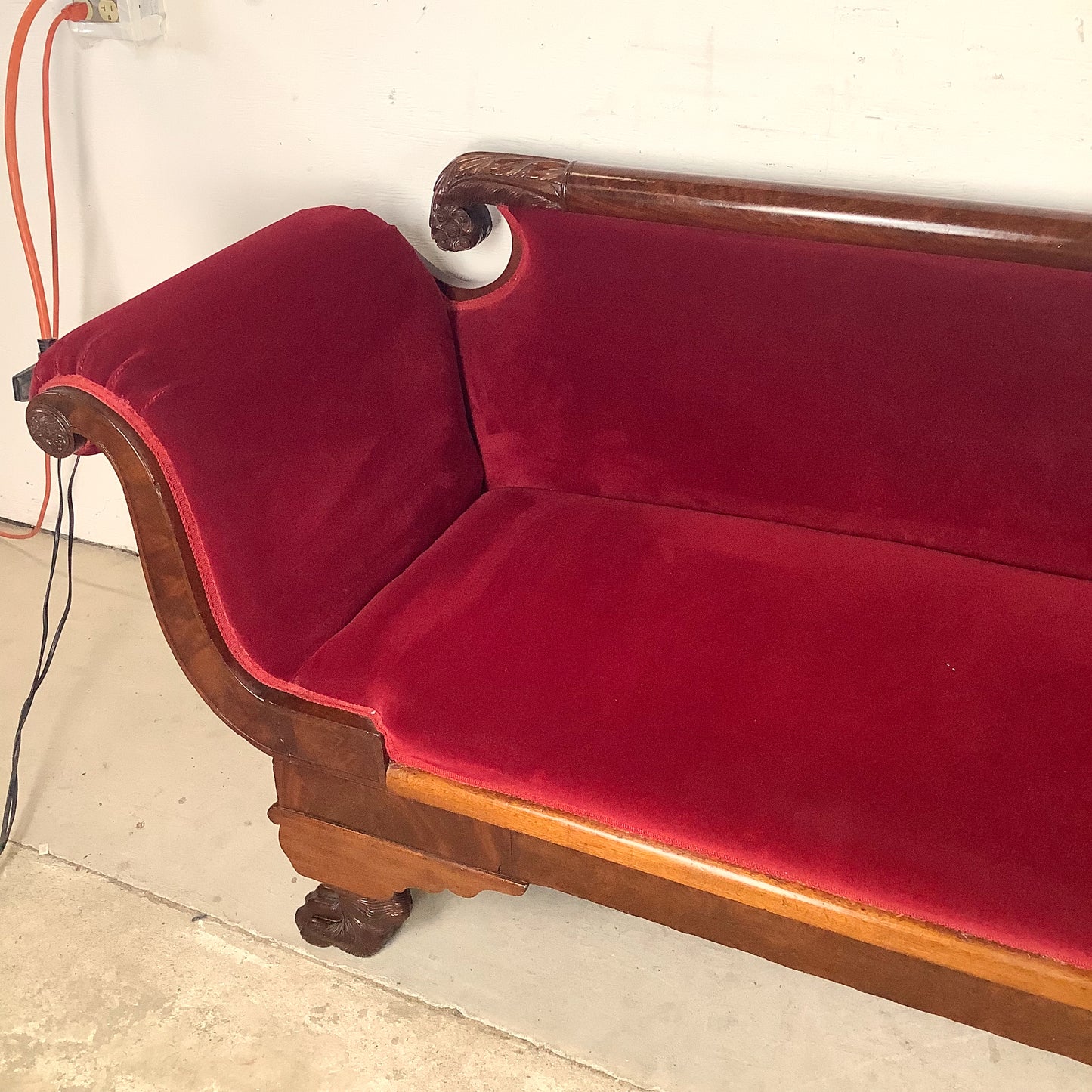 Antique American Empire Revival Mahogany Settee | Scroll Arms Sofa| Carved Paw Feet | Crimson Velvet