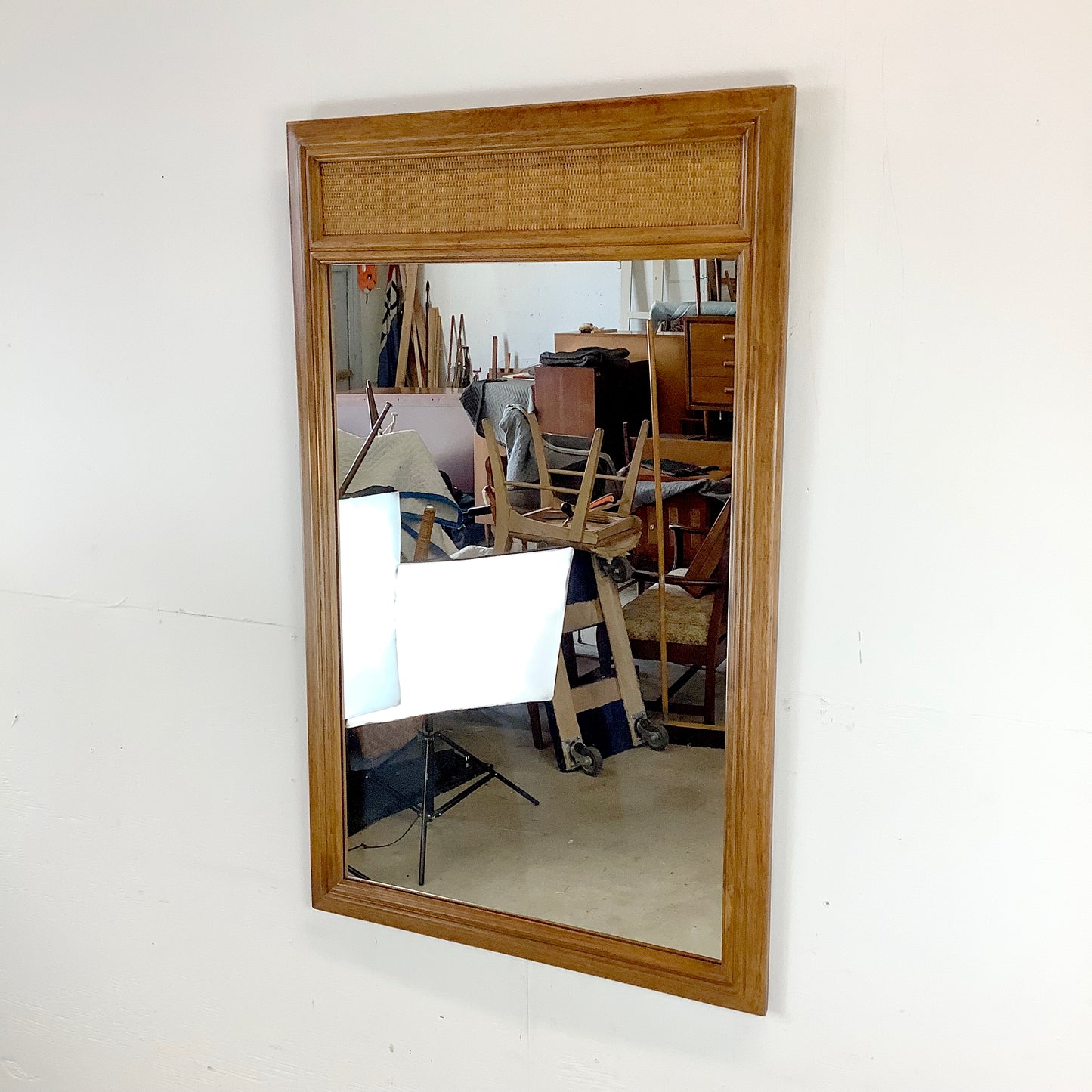Vintage Modern Oak & Rattan Wall Mirror
