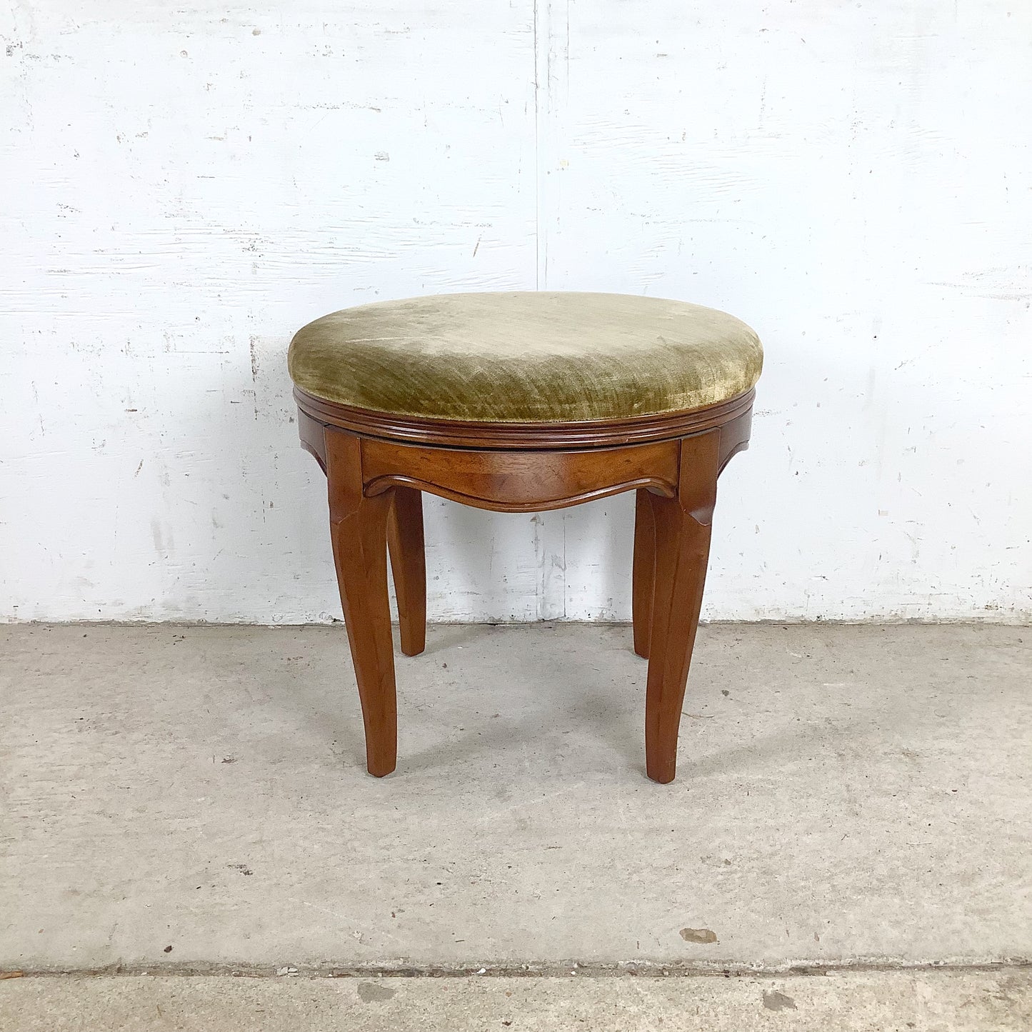 Vintage French Provincial Swivel Stool —Sage Velvet, Cabriole Legs, Mid-Century