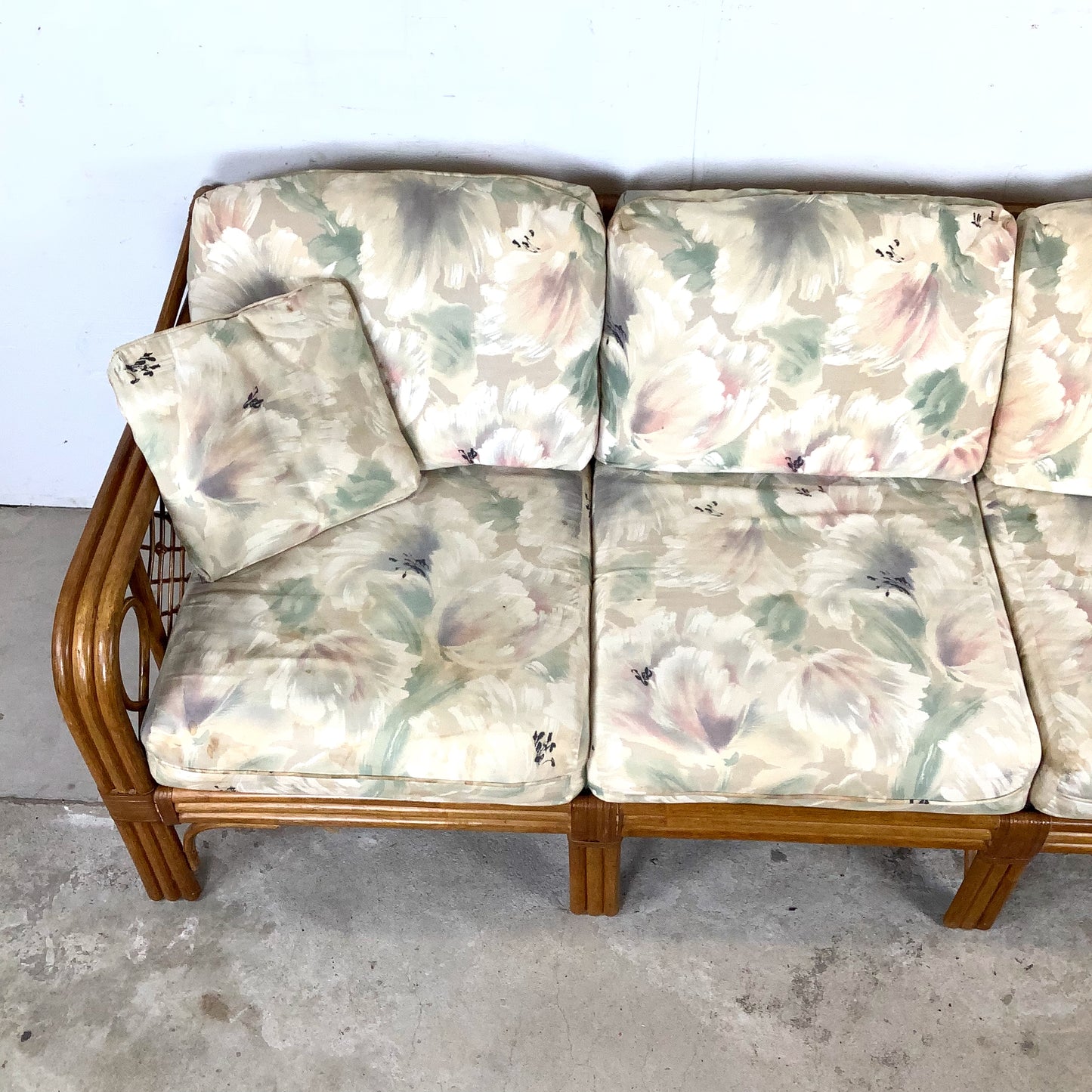 Vintage Rattan Three-Seat Sofa, Diamond Lattice Arms
