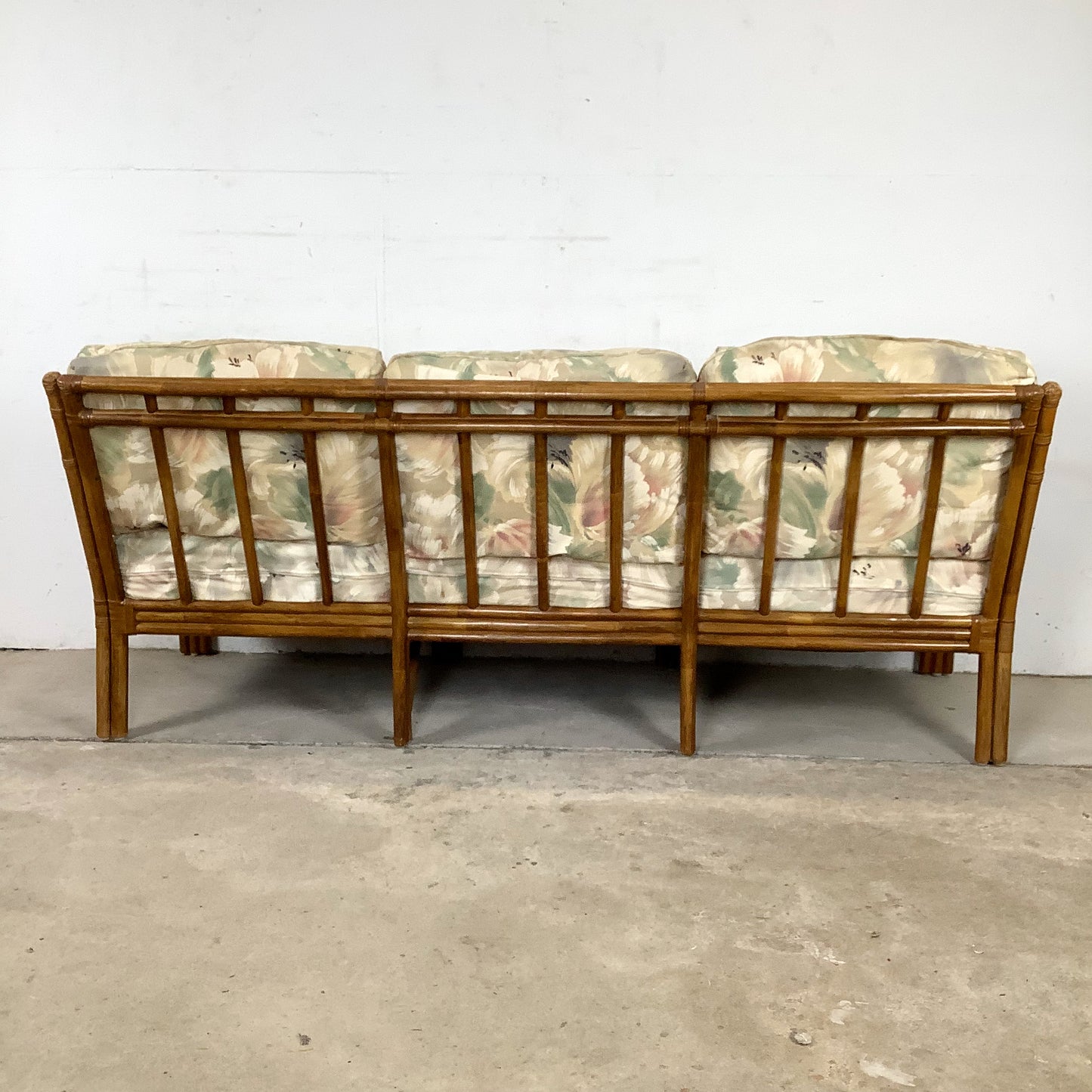 Vintage Rattan Three-Seat Sofa, Diamond Lattice Arms