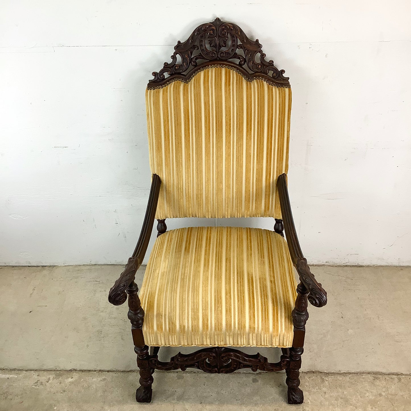 Grand Louis XIV-Style Throne Chair with Striped Fabric