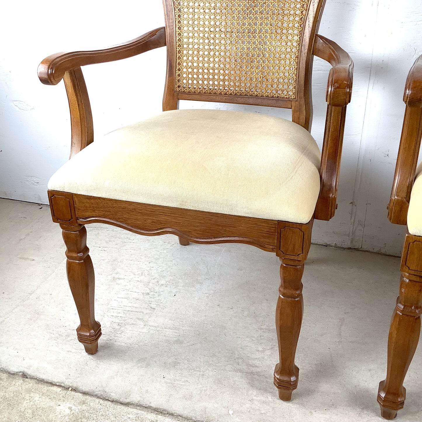 Pair of Vintage Provincial High-Back Cane Armchairs — Walnut, Burlwood Crest, 1970s