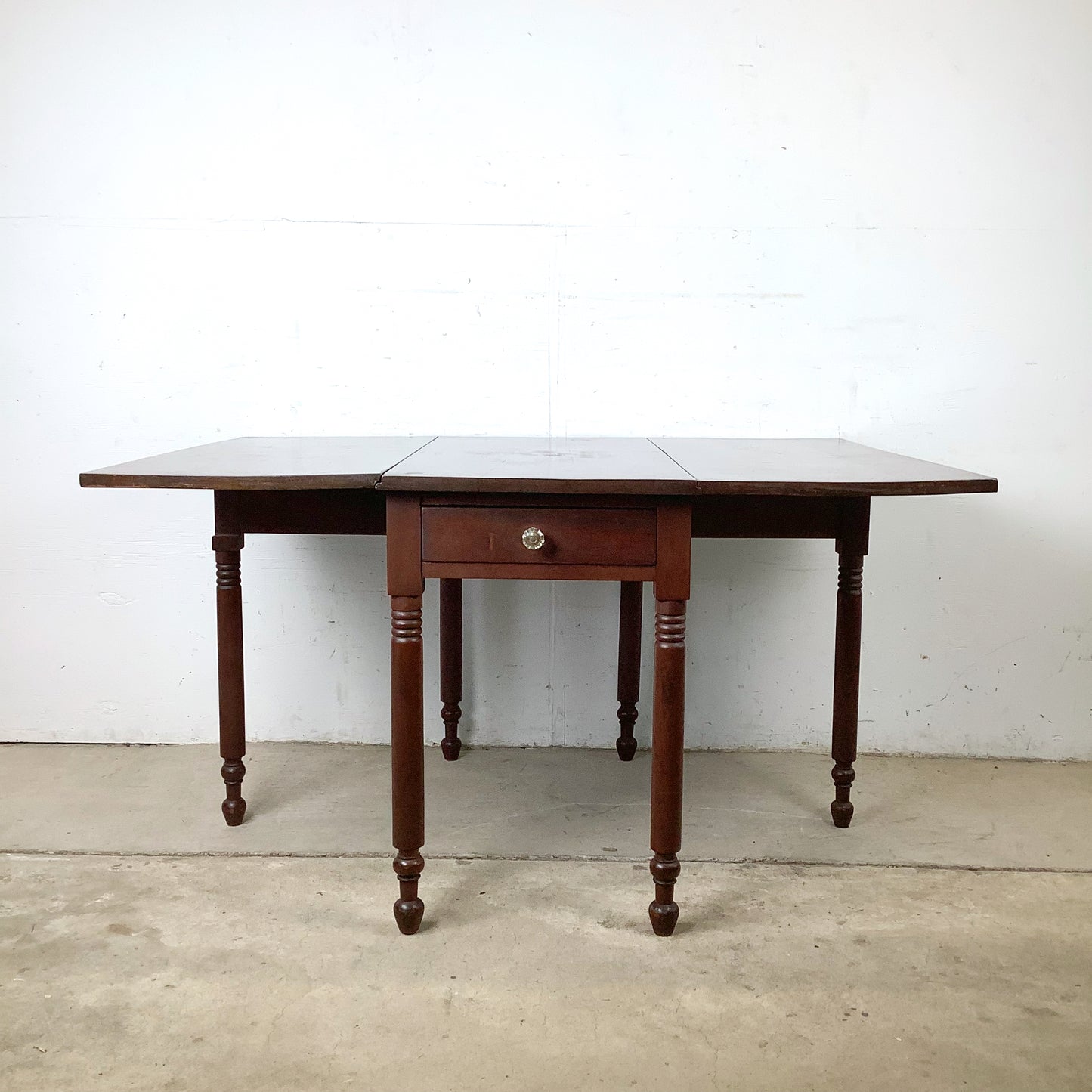 American Empire-Style Walnut Drop-Leaf Gate-Leg Table — Solid Wood, Single Drawer