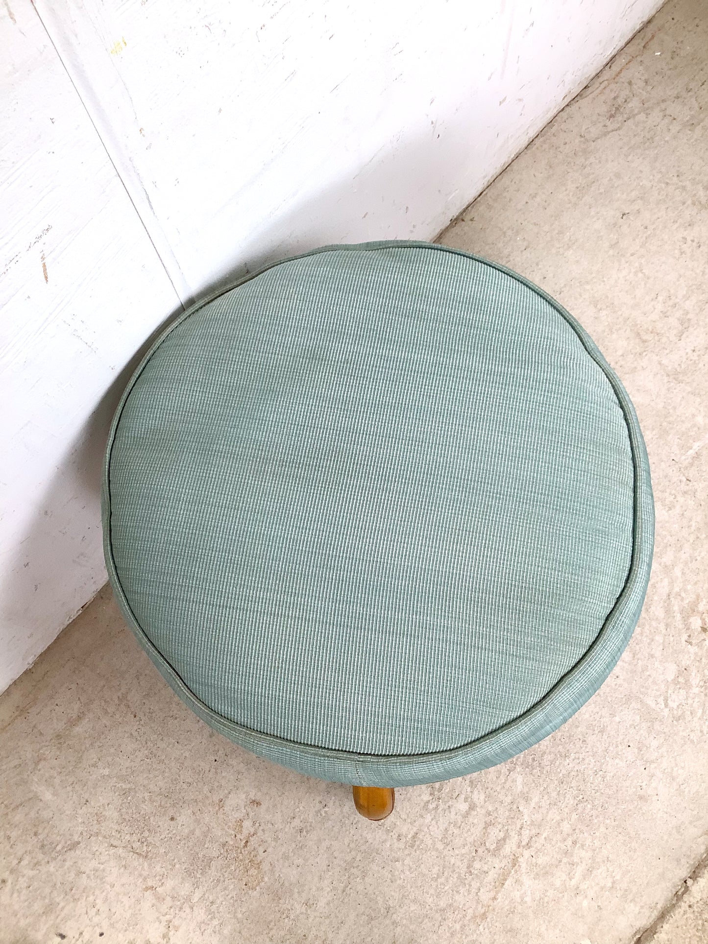 Vintage Rattan Round Ottoman — 1980s Coastal Style, Seafoam Green Upholstery