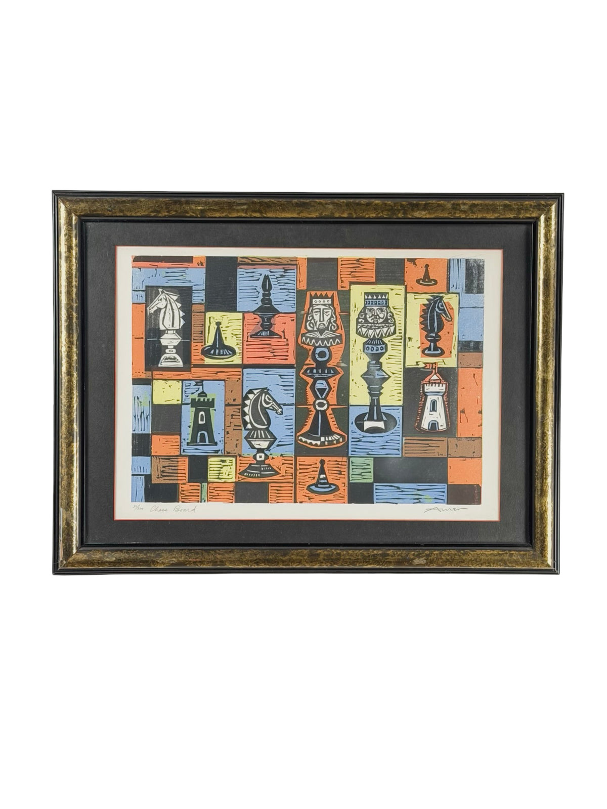 Irving Amen “Chess Board” Signed Mid-Century Modern Color Woodcut