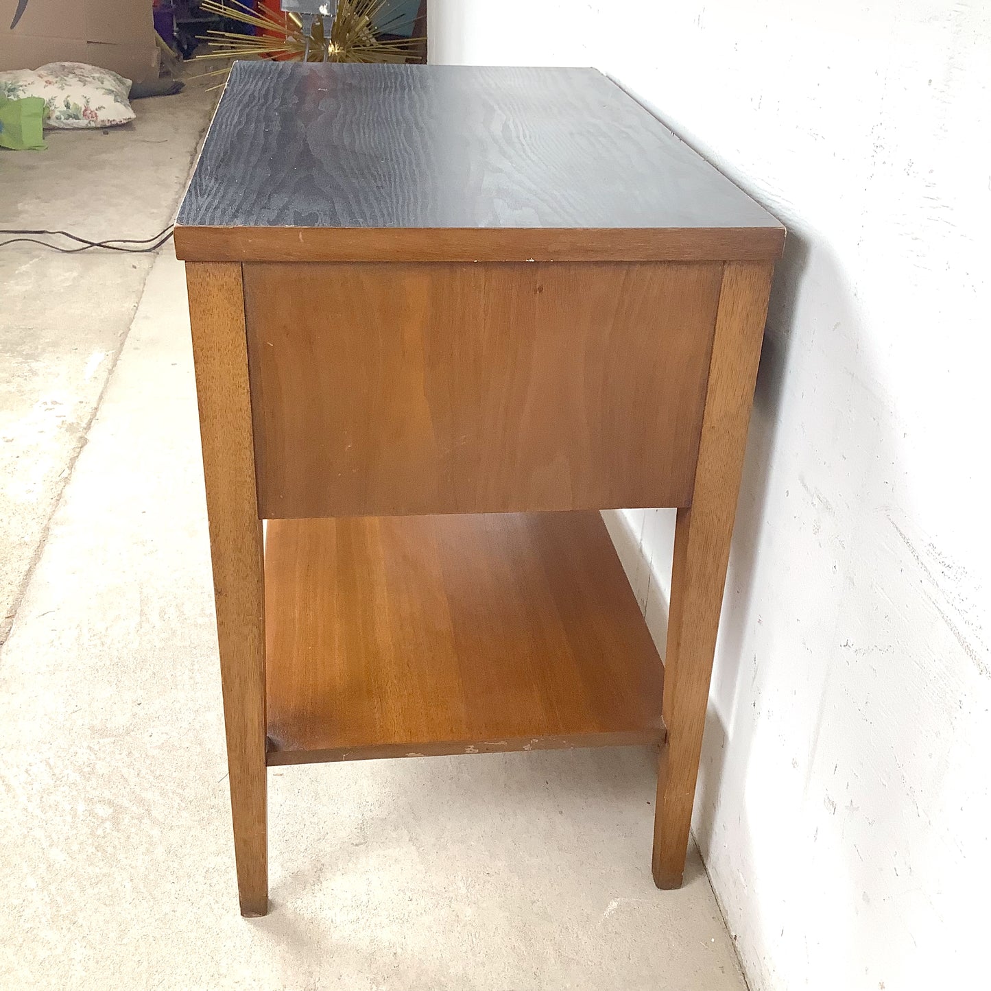 Mid-Century Nightstand with Black Top and Lower Shelf