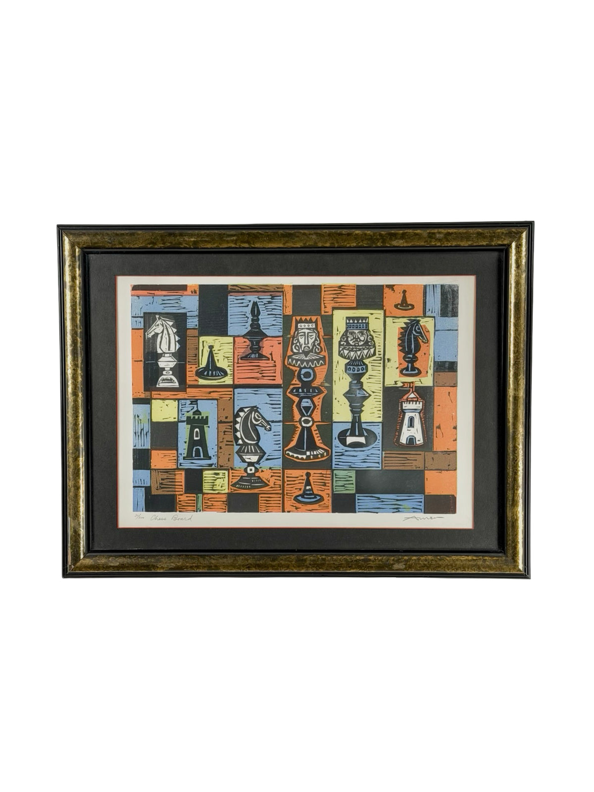 Irving Amen “Chess Board” Signed Mid-Century Modern Color Woodcut