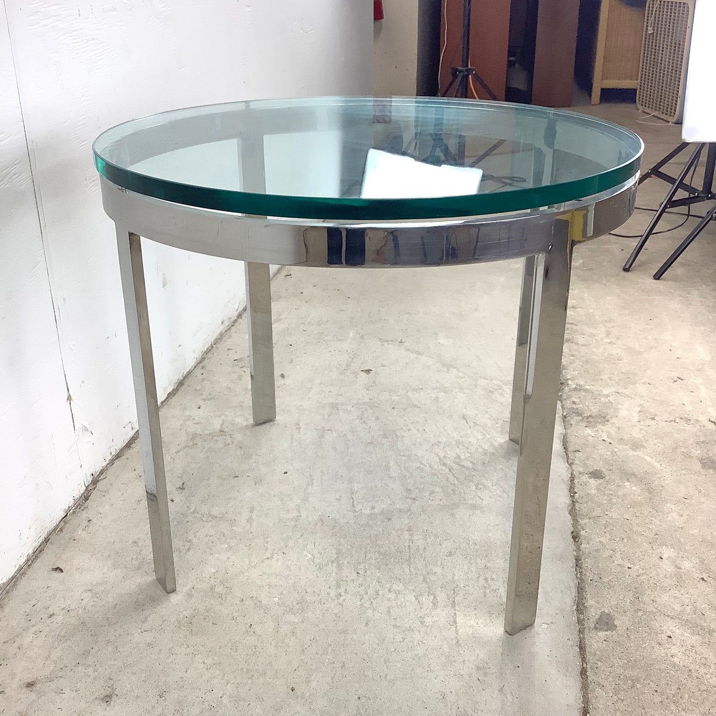 Vintage Circular Glass Top End Table with Polished Chrome Base