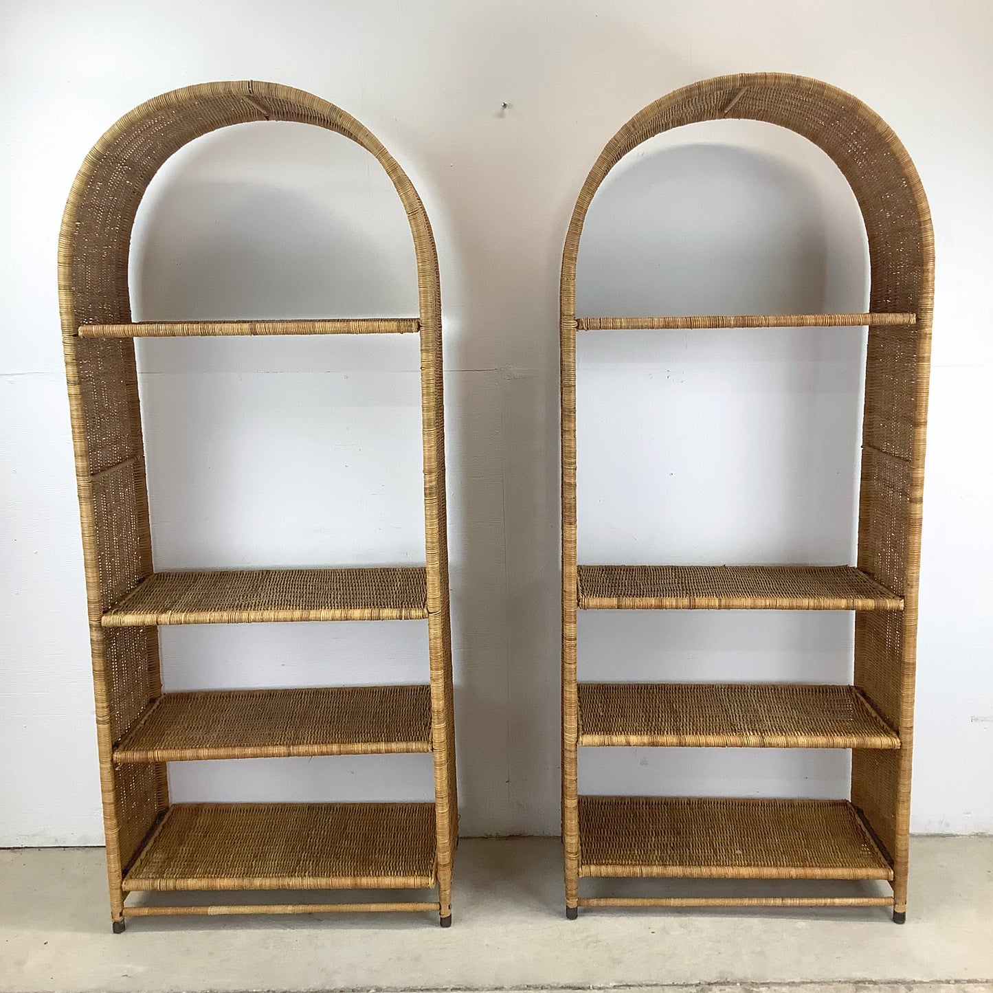 Pair Vintage Rattan Arched Bookcases