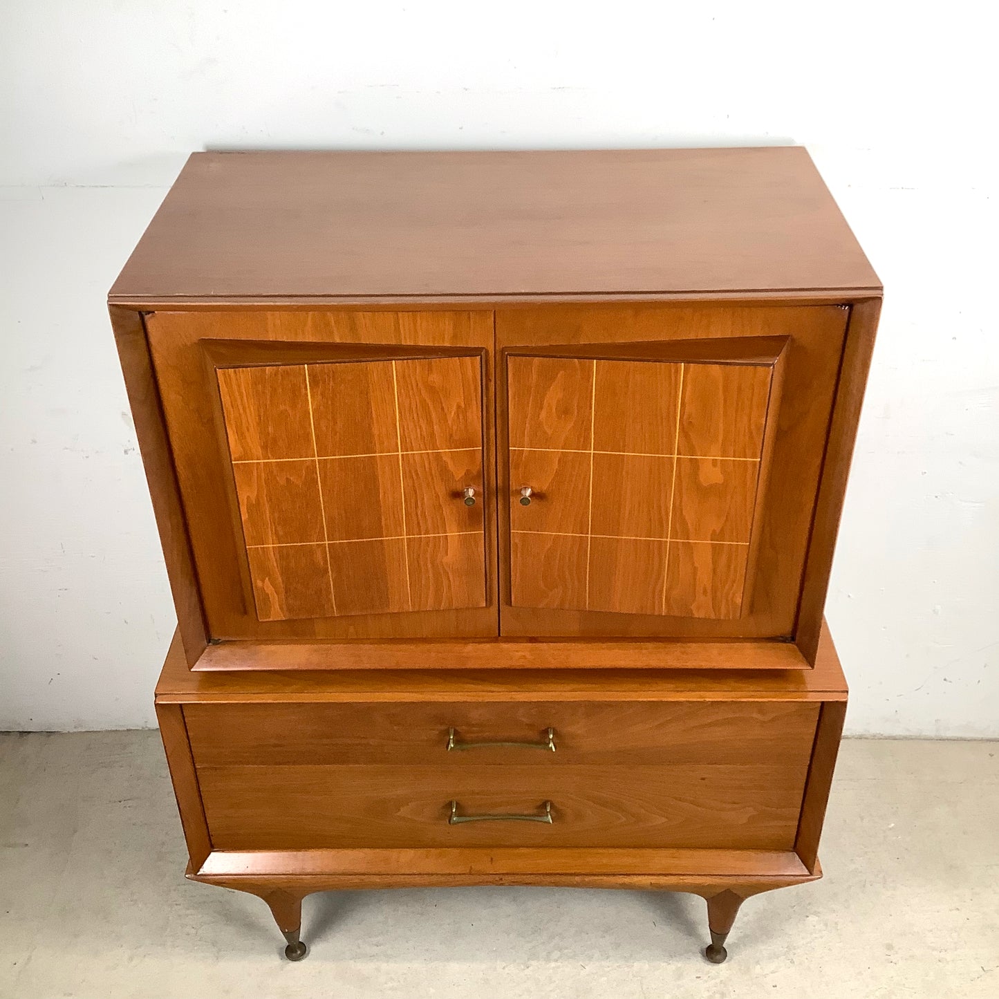 Mid-Century Walnut Highboy With Brass Pulls and Interior Drawers