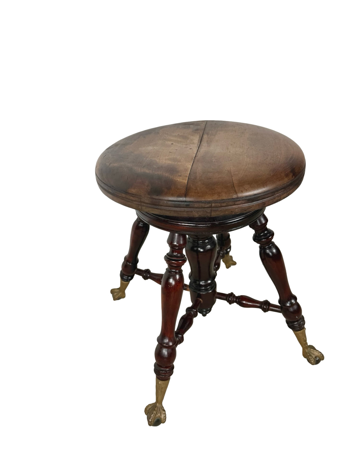 Antique Adjustable Piano Stool with Glass Ball-and-Claw Feet