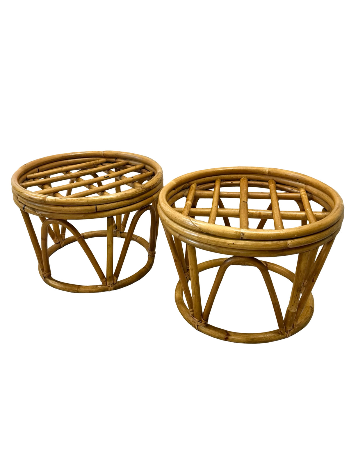Pair of Vintage Rattan Bamboo Round Ottoman Footstools with Black Cushions, 1970s
