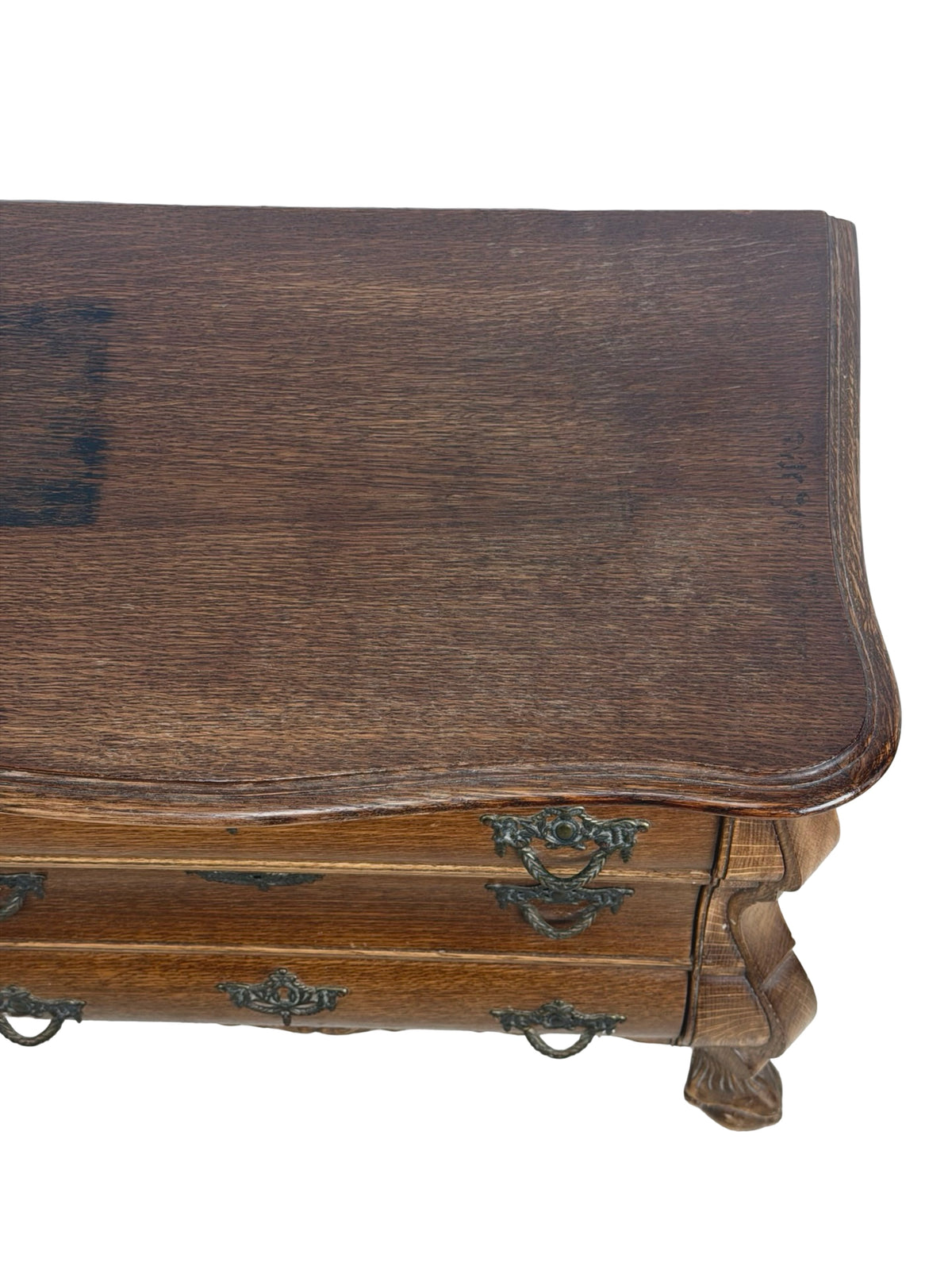 Vintage Dutch Baroque Revival Oak Bombé Three-Drawer Chest with Paw Feet