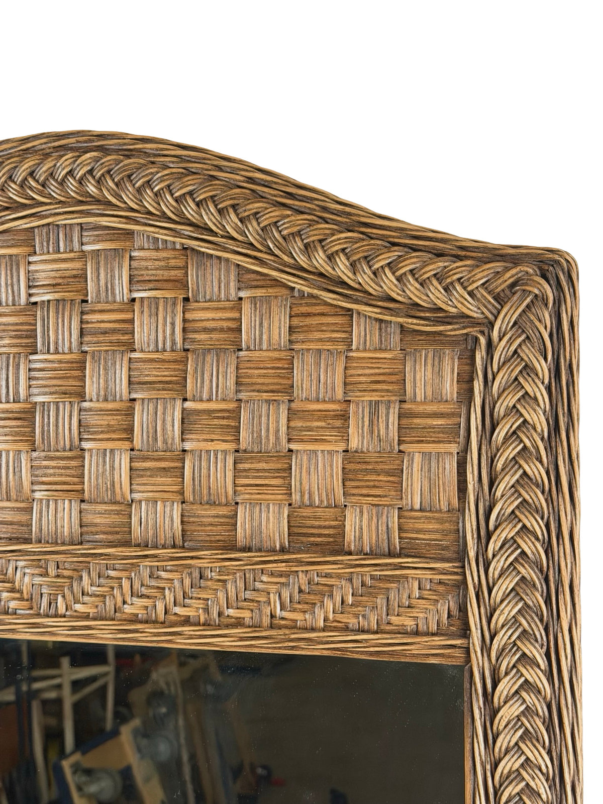 Vintage Arched Wicker Wall Mirror with Basket-Weave Panel and Braided Frame
