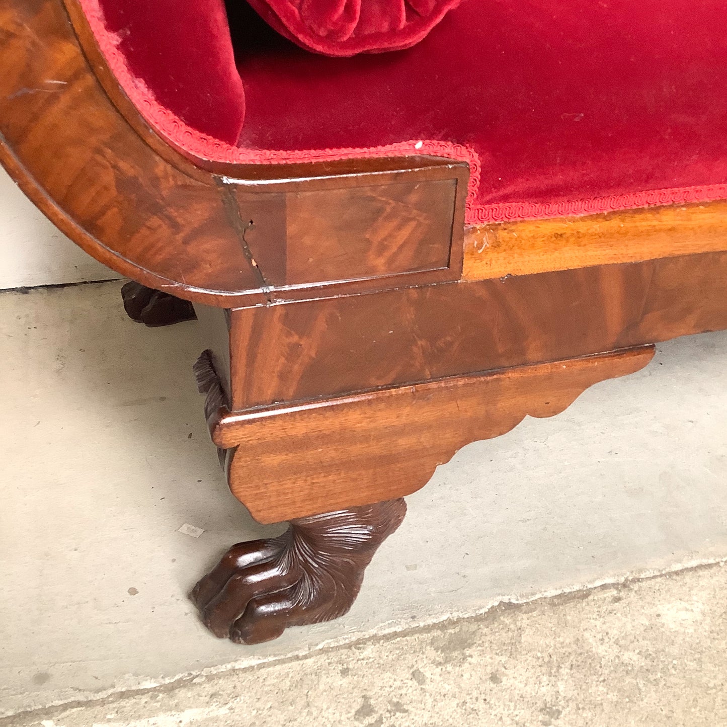 Antique American Empire Revival Mahogany Settee | Scroll Arms Sofa| Carved Paw Feet | Crimson Velvet